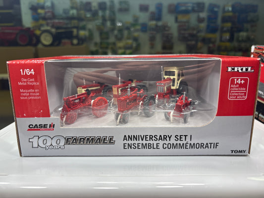 Boxed set of toy tractors with 'Case IH' branding on a blurred background