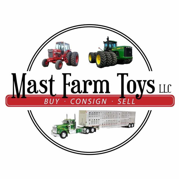 Mast Farm Toys logo with two tractors and a semi truck – farm toy brand